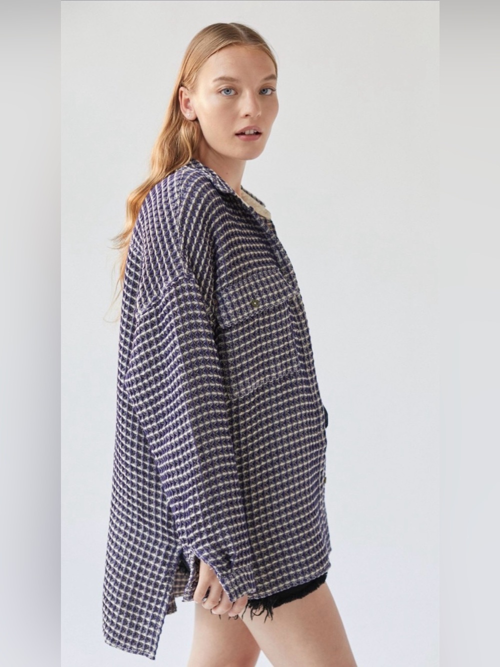 NWOT- BDG by Urban Outfitters Navy & Ivory “Stanley” Waffle-Knit Button Shirt